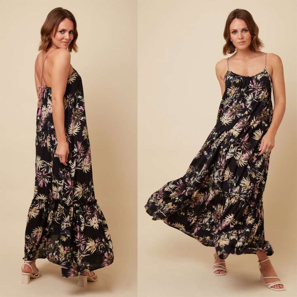 NEW Scotch & Soda Floral Tiered Maxi Dress Black Pink Tassels Pockets 38 US M 8 - Picture 9 of 16